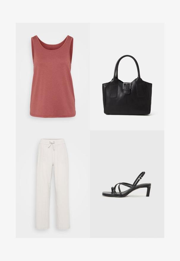 Rose boja majice bez rukava od mekog pamuka, s okruglim izrezom, blago opuštenim krojem i sa završetkom na dnu.; Svijetlosmeđi laneni hlače širokog kroja, s rastezljivim pojasom i detaljem vezanja sprijeda. Teksturalna tkanina dodaje vizualni interes.; Crne sandale s trakama, kvadratnim prstom i niskom blok petom. Ima više tankih trakica i podesivu trakicu oko gležnja. Izrađene su od glatke kože.; Crna kožna torba za nošenje s glatkom teksturom, strukturiranim oblikom, dvije ručke i istaknutim srebrnim kopčanjem na prednjoj strani.