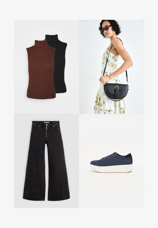 VILA VIFELIA czarny; Jeans o szerokich nogawkach w czarnym denienie z zamkiem błyskawicznym z przodu, pięcioma kieszeniami i subtelnymi detalami przeszycia. Gładka tekstura i swobodny styl.; Granatowe trampki z teksturowanej tkaniny, biała platforma, okrągły nosek i czarny akcent na pięcie. Posiadają sześć oczek na sznurówki.; Czarna skórzana torebka o zakrzywionym kształcie, z odpinanym paskiem i złotymi akcentami. Torebka posiada klapę z zapięciem w kształcie klamry.