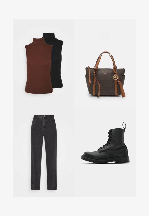 VILA VIFELIA 2 PACK - Top - black/chocolate; Straight-leg black denim jeans with high waist, front button and zipper, and five-pocket styling on a white background.; Black leather combat boot with a round toe, lace-up front, and a pull tab at the ankle. Features a thick rubber sole for durability.; Brown monogram handbag with two top handles, gold-tone hardware, and a detachable tassel. Features a zippered top and side pockets.