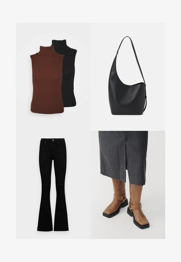 VILA VIFELIA 2 PACK - Topp - black/chocolate; Mustad kõrge vöökohtadega teksad, millel on nööp ja lukuga sulgemine, esikäe taskud ja laienevad sääred, asetatud tasasele valgele taustale.; Pruun nahast kuni põlveni ulatuvad saapad ruuduotsa, musta kummitald ja reguleeritav pandla üksikasjaga. Kanda halli triibulise seelikuga.; Mustast nahast hobo kott, millel on sile tekstuur, kumer kuju ja üks reguleeritav rihm; peal on lai avaus.