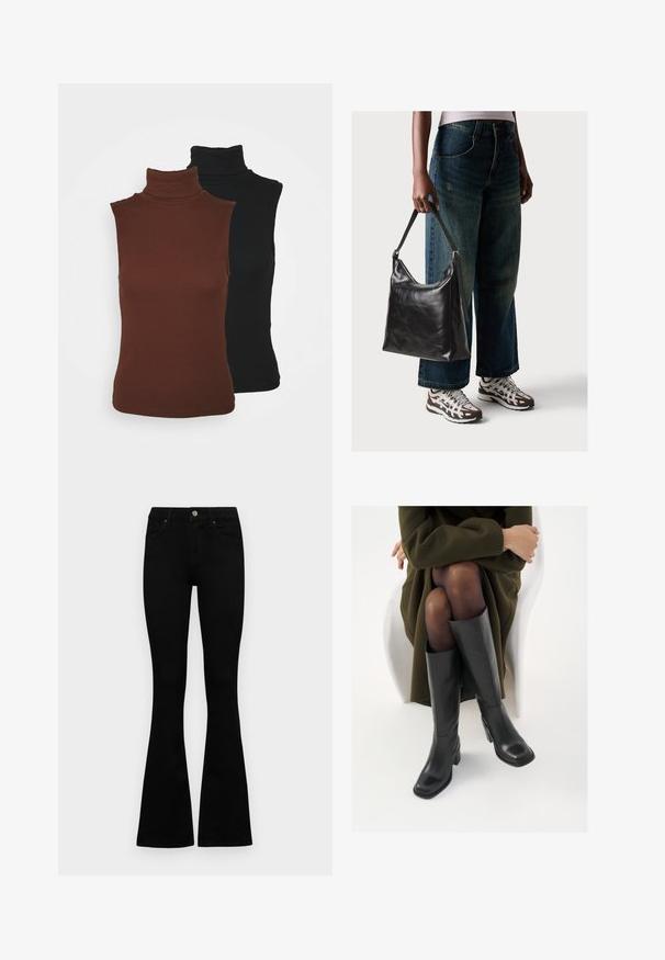 VILA VIFELIA 2 PACK - Top - black/chocolate; Zwarte hoge taille jeans met een knoop- en ritssluiting, voorzakken en een flared pijp, plat gelegd op een witte achtergrond.; Knieschijf hoge zwarte leren laarzen met een vierkante neus en blokhak, getoond met een model dat zit in een olijfgroene jas. Gladde textuur, minimale details.; Zwarte leren schoudertas met een gladde textuur en een verstelbare strap, gecombineerd met vervaagde wijde jeans en sportieve sneakers.