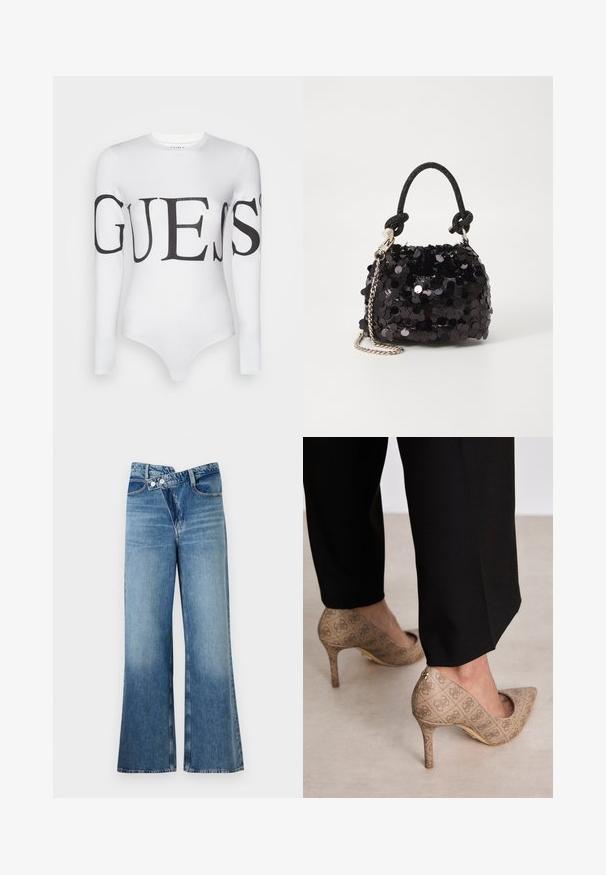 Valge pikkade varrukatega bodi, mis on valmistatud venivast materjalist, kuna sellel on suur must "GUESS" logo rinna ja varrukate piirkonnas.; Heledad sinise denimi laienevad teksad kõrge vöökohaga, millel on kaks nööpi ja eesnahk. Kangas on tuhm tekstuuriga, kus on kergeid varieeruvaid toone.; Beige kõrged kontsad, mis on valmistatud tekstureeritud kangast, millel on korduv muster. Terava nina disain tagakülje aktsendi ja kuldse kontsiga.; Must have mustrõngus mustal sädelev mini käekotil on sõlme tekstuuriga rihm ja hõbedane ketis. Ümar kuju, kokku kogutud ülaosa ja peegeldav detail.