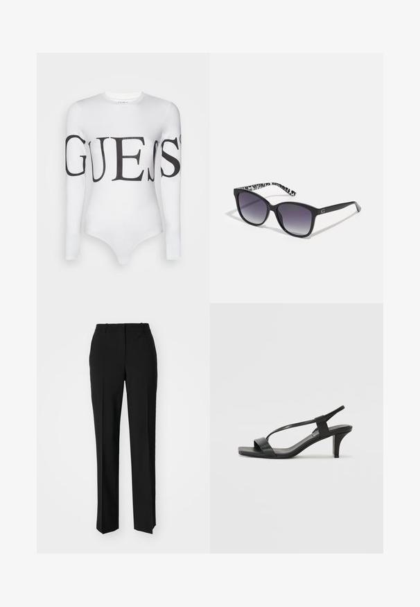 Valge pikkade varrukatega bodi, mis on valmistatud venivast materjalist, kuna sellel on suur must "GUESS" logo rinna ja varrukate piirkonnas.; Mustad ja sirged püksid, millel on sile tekstuur ja teravad voldid esiosas. Ilma nähtavate detailideta.; Mustad musta kõrge kontsaga sandaalid, millel on õhuke rihmastik, ruudukujuline nina ja keskmise kõrgusega plokknina. Valmistatud siledast nahast mattviimistlusega.; Mustad prillid, millel on gradient objektiivid, ruudukujuline kuju ja tekstuuriga must-valge mustriga sangad. Omab hõbedast logo aktsenti.