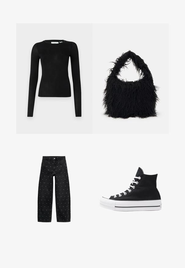 Crna majica dugih rukava s okruglim izrezom, lagana, glatke teksture, prilagođenog dizajna, bez vidljivih uzoraka ili metalnih dijelova.; Crne traperice širih nogavica s uzorkom malih srebrnih grometa, klasičnog dizajna s pet džepova i zatvaranjem na kopčanje.; Visoke crne platnene tenisice s bijelim rupama, vezicama i gumenim potplatom. Imaju teksturirani vrh i crno-bijele pruge kao ukrase.; Even&Odd Velika torba - black