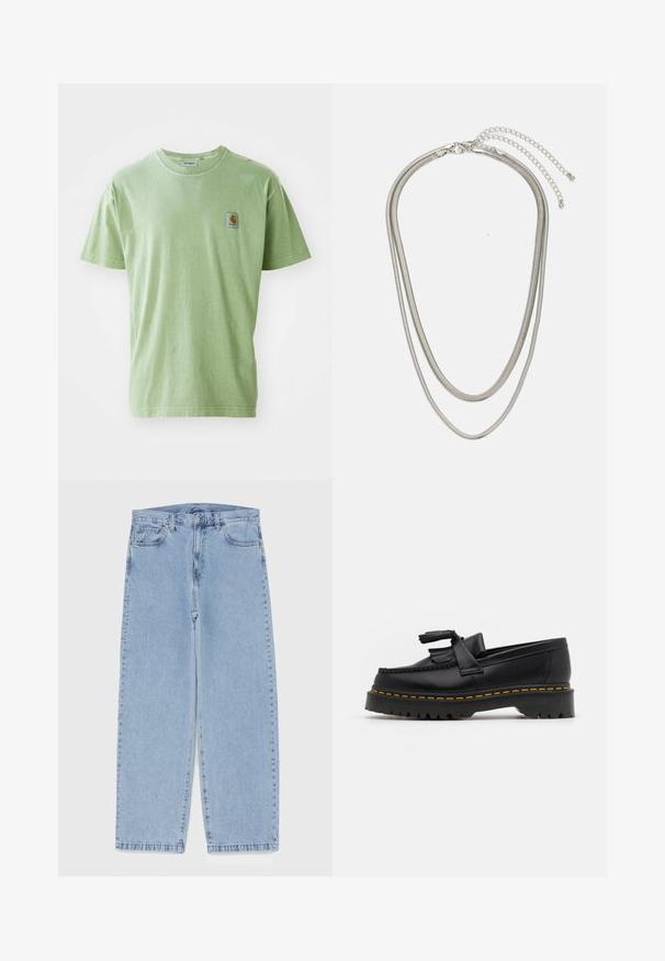 Lys grønn bomull T-skjorte med rund hals, korte ermer og et lite firkantet merke på venstre bryst. Myk tekstur.; Lyseblå denimjeans med rett ben-design, med mid-rise liv, fem lommer og knap og lynlås lukning.; Svart skinn loafers med en kvastdetalj, med en tjock svart sula och gul sömnad längs kanten. Texturerad yta.; Tre-lags sølvmetallkjede med elegante, fleksible kjeder med en svak glans, sikret med en krabbe-lås og justerbar kjede.