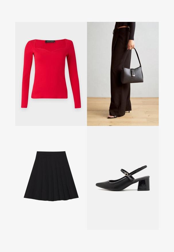 Sarkanais ribotais garajos piedurkņu tops ar kvadrātveida dekoltē un smalku sirds formas izgriezumu. Izgatavots no elastīga auduma, kas nodrošina pieguļošu siluetu.; Melna plisētā svārku ir izgatavota no teksturēta auduma ar ietilpīgu jostasvietu. Svārki ir līdz ceļiem un tiem ir gluda, tīra silueta.; Melns patentēts ādas sandales ar norādīta pirksta formu, noapaļotu izgriezuma dizainu un bloķētu papēdi. Iezīmēta ar zelta toņa sprādzi.; Melnā somiņa ar strukturētu formu, gludu tekstūru un metālu sprādzi. Saskaņota ar platām melnām biksēm un sandālēm ar atvērtu purngalu uz koka grīdas.