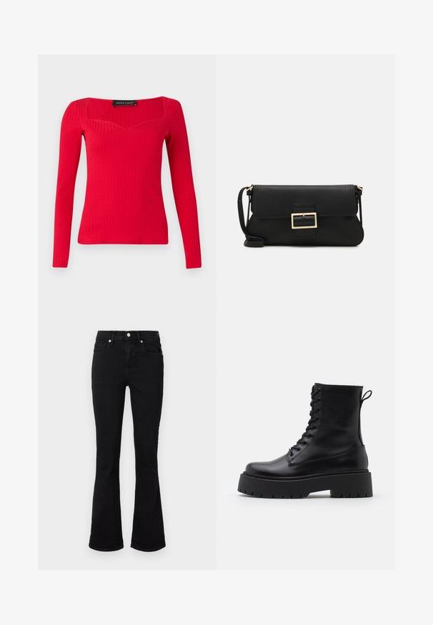 Top lung cu mâneci lungi de culoare roșie, cu un decolteu pătrat și o formă subtilă de inimă. Fabricat dintr-un material elastic pentru a oferi o siluetă ajustată.; Jeanși negri evazați din denim, cu talie medie, buzunare frontale și închidere cu nasture. Textură netedă, cu detalii minime de cusătură.; Botine din piele neagră, până la gleznă, cu vârful rotund, șireturi în față și o talpă groasă din cauciuc cu un model texturat. Fâșie de tragere la spate.; Geantă de mână din piele neagră, cu clapetă și un detaliu din metal auriu. Include o curea neagră și un design elegant, minimalist.