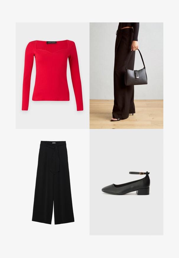 Crvena rebrasta majica dugih rukava s kvadratnim izrezom i suptilnim oblikom srca. Izrađena od rastezljivog materijala za prilagodljiv siluetu.; Crne široke hlače od teksturirane tkanine, s elastičnom pojasom i odvojivim remenom na struku za prilagodivo pristajanje.; Crne kožne pumpe s oštrim vrhom i niskom blok petom. Sadrže remen oko gležnja s zlatnim kopčanjem. Glatka tekstura.; Crna torba s oblikom koji sadrži strukturu, glađu teksturu i metalnu kopču. Uparena s širokim crnim hlačama i sandalama na otvorenom s drvenog poda.