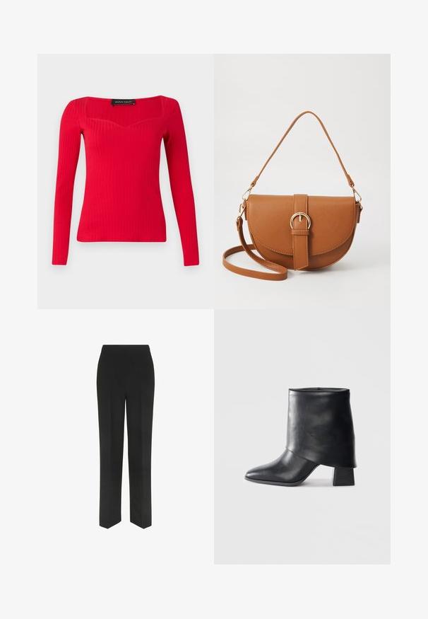 Top lungo a maniche con righe rosse e scollatura quadrata dalla forma leggermente a cuore. Realizzato in tessuto elasticizzato per una silhouette aderente.; Pantaloni neri con design a gamba dritta, caratterizzati da una semplice vita e senza tasche visibili, esposti su uno sfondo bianco.; Stivale in pelle nera alla caviglia con punta affusolata, texture liscia e tacco a blocco strutturato. Presenta un design con risvolto alto.; Borsa a tracolla in pelle marrone con forma curvata, hardware dorato e un dettaglio con fibbia. Presenta una tracolla rimovibile.