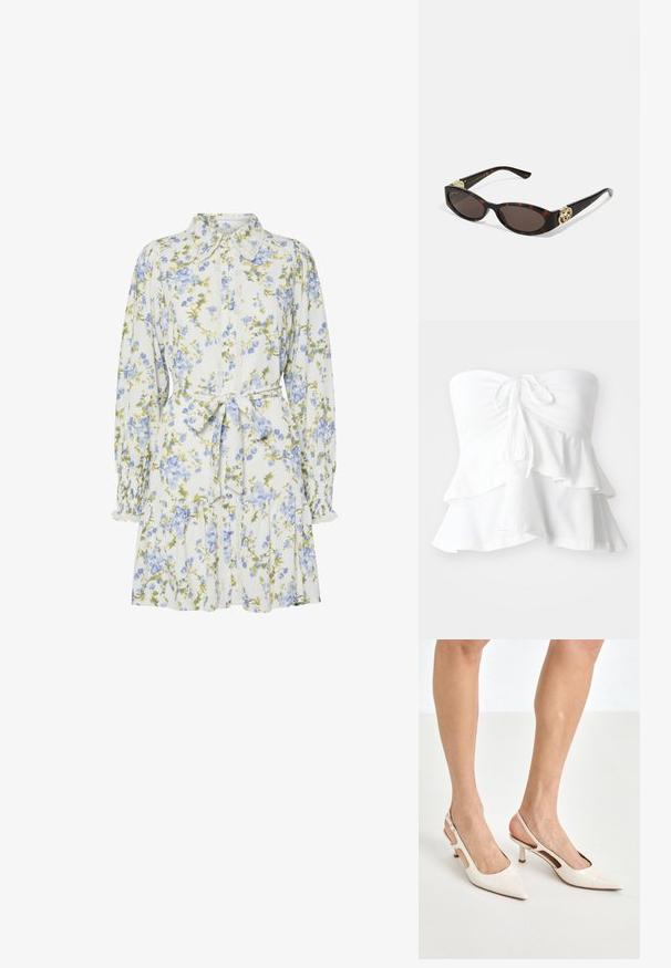 Top blanco sin tirantes que presenta un corsé ajustado con un lazo en la parte delantera y volantes en capas en el dobladillo, hecho de una tela suave y ligera.; Vestido floral en blanco con flores azules y verdes, con cuello, cierre frontal de botones, mangas largas con puños elásticos y cinturón a la cintura.; Tacones slingback de charol beige con punta afilada y un tacón de 5 cm, con lados recortados y una delgada correa en el tobillo.; Gafas de sol carey con lentes ovalados alargados, tintado marrón, acentos de logo dorado en las patillas y brazos negros elegantes.; Bolso de mano beige con un patrón y forma curva, acentos de cuero y un logo tono dorado en la parte frontal. Cuenta con un asa corta para un fácil transporte.
