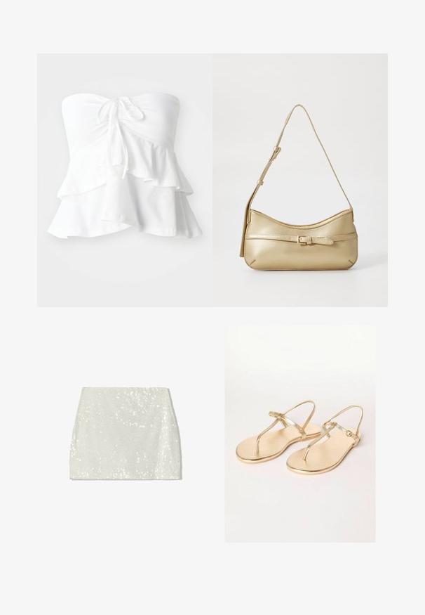 Biela top bez ramienok s priliehajúcim korzetom, so šnúrkou vpredu a viacvrstvovými volánmi na leme, vyrobená z mäkkého, ľahkého materiálu.; Bershka sukňa v tvare A - white; Friends Like These REGULAR FIT - TOE THONG FIT - Sandále T-bar - gold; Metalická zlatá kabelka na rameno s zakriveným tvarom, hladkým povrchom, plochým popruhom a dekoračnou prackou na prednej strane.