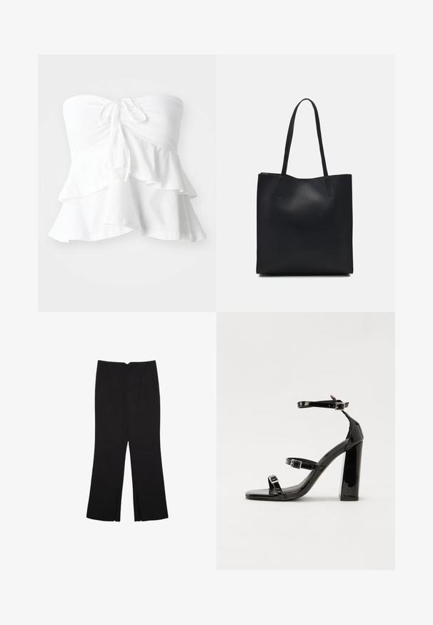 Bijela top s bez naramenica koji ima prilagođeni korzet s mašnom sprijeda i složenim volanima na rubu, izrađen od mekog, laganog materijala.; Crne hlače ravnog kroja, s prednjim džepovima i bočnim prorezima na rubu. Izrađene od mekog i glatkog materijala. Pogodne za razne prigode.; Crne lakirane sandale na pete sa kvadratnim nosom, trakama oko gležnja i srebrnim kopčama. Imaju čvrst blok petu za stabilnost.; Crna kožna torba za nošenje s glatkom teksturom, pravokutnim oblikom i dvije duge ručke. Nema vidljivih metalnih dijelova ili ukrasa.
