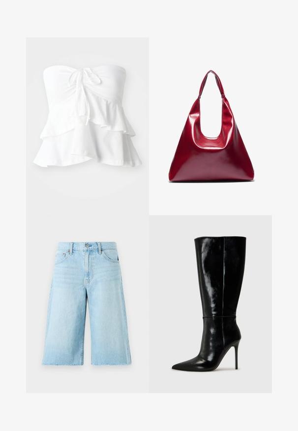 Top alb fără bretele, cu un corset ajustat și o panglică la față, având volane suprapuse la tiv, realizat dintr-un material moale și ușor.; Șorturi din denim de culoare albastru deschis, cu o croială lejeră, margine desfăcută, cinci buzunare și accesorii metalice. Design clasic de blugi cu o ușoară decolorare.; Botine din piele neagră, până la genunchi, cu vârf ascuțit și tocuri înalte de tip stiletto. Textură netedă și design elegant, cu detalii minime.; Geantă din piele roșie lucioasă, cu o formă triangulară, deschidere largă în partea de sus și un singur mâner curbat. Textură netedă cu detalii minime de coasere.; Set de douăsprezece cercei cercei în nuanțe de argint și aur. Include modele răsucite, netede și texturate, cu dimensiuni și finisaje variate.