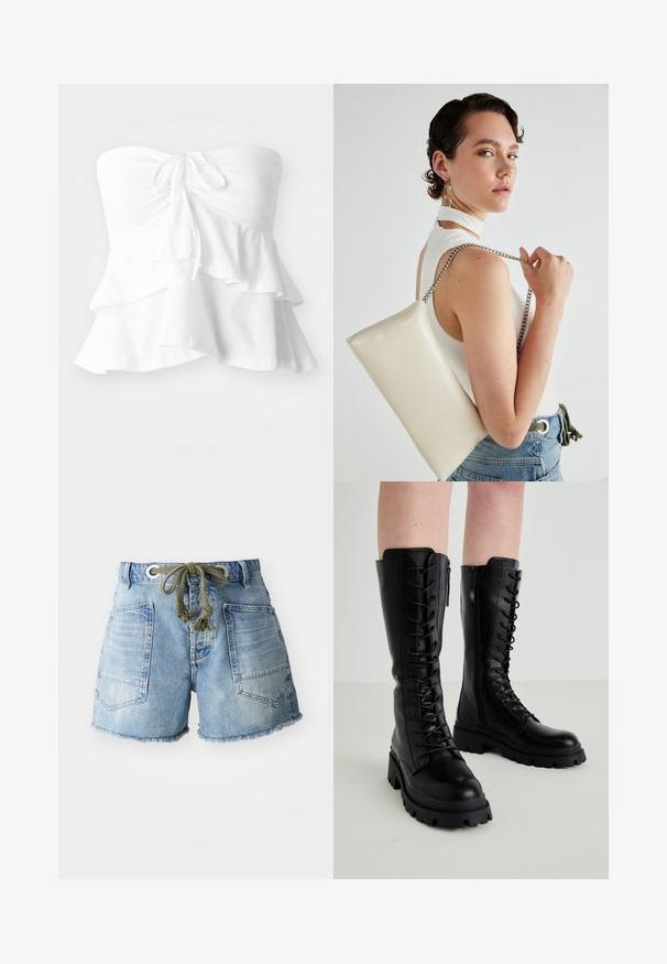 White strapless top featuring a fitted bodice with a tie at the front and layered ruffles at the hem, made from soft, lightweight fabric.; Denim shorts in light blue with frayed hem. Features two back pockets and a drawstring with silver grommets for an adjustable fit.; Black leather knee-high boots with a lace-up front, side zipper, chunky rubber sole, and textured detailing on the upper.; White rectangular clutch bag made of glossy material, featuring a silver chain strap. Model poses, showcasing the bag against a plain background.