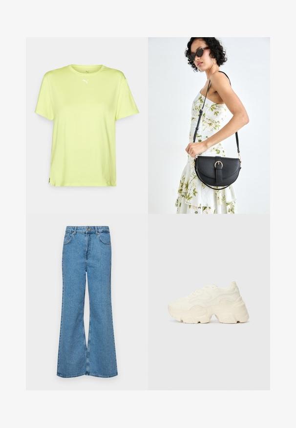 Heled kollane lühikeste varrukatega T-särk, mis on valmistatud kergest materjalist. Omab ümmargust kaelust ja väikest valget logo rinnaeel.; Heledad sinine flared teksade rõivad, millel on kõrge talje, viis taskut ja üks nupulukk. Pehme tekstuur ja pleekinud viimistlus.; Paksud valged tennised, mis on valmistatud tekstureeritud võrgu- ja sünteetilistest materjalidest, pakuvad paksu tallaga ja keerukat mustrit külgedel.; Mustmust mustraha kõverate joontega, eemaldatava rihmaga ja kuldsete detailidega. Kotil on klapp, millel on pandladetail.