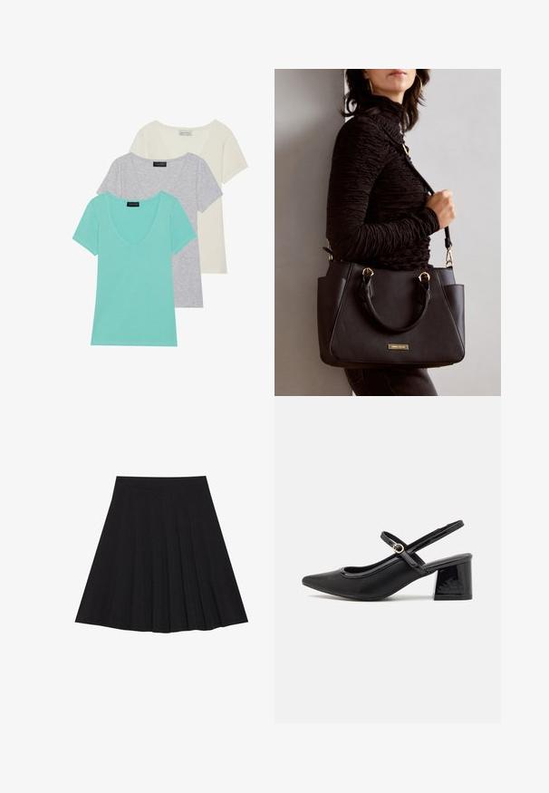 Set van drie t-shirts met korte mouwen met een V-hals ontwerp. Kleuren zijn turquoise, grijs en gebroken wit. Gemaakt van zachte katoenmix stof.; Zwarte plisseerok van een gestructureerde stof met een aansluitende tailleband. Valt tot op de knie en heeft een gladde, strakke silhouette.; Zwarte gepolijste leren slingback hakken met een spitse neus, een ronde uitsnede en een blokhak. Voorzien van een gouden gespaccent.; Zwarte handtas met gestructureerd oppervlak, dubbele bovenhandvatten en verstelbare schouderriem. Voorzien van goudkleurige hardware en zijzakken.