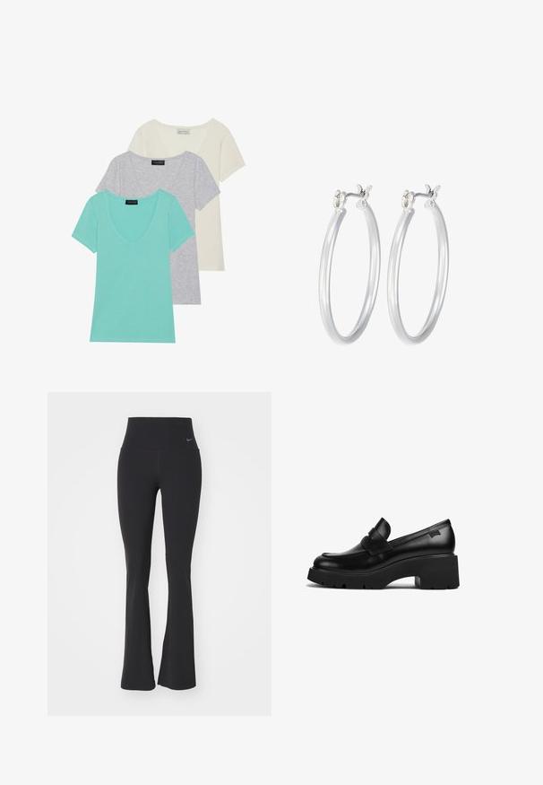 Set of three short-sleeve t-shirts featuring a V-neck design. Colors include turquoise, gray, and off-white. Made of soft cotton blend fabric.; Black yoga pants with a high waistband, made of stretchy fabric. Features a flared design and a small Nike logo on the waist.; Black leather chunky-heeled loafer with thick sole and a strap detail across the top, shown from the side on a white background.; Silver hoop earrings with a smooth, polished finish. Round shape and secure click-top closure. Lightweight design suitable for everyday wear.