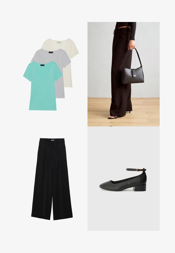 Set of three short-sleeve t-shirts featuring a V-neck design. Colors include turquoise, gray, and off-white. Made of soft cotton blend fabric.; Black wide-leg pants featuring a textured fabric, an elastic waistband, and a detachable sash tie at the waist for adjustable fit.; Black leather pump with a pointed toe and a low block heel. Features an ankle strap with a gold-tone buckle. Smooth texture.; Black handbag with structured shape, smooth texture, and a metallic clasp. Paired with wide black pants and open-toe sandals on wooden floor.