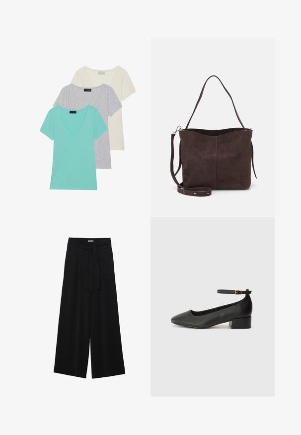 Trijų trumpomis rankovėmis marškinėlių rinkinys su V formos iškirpte. Spalvos: mėlyna, pilka ir kreminė. Pagaminta iš minkšto medvilnės mišinio.; Juoda plačių kojų kelnės, pagamintos iš tekstūruoto audinio, su elastingu juosmeniu ir atsegamu diržu juosmenyje, leidžiančiu reguliuoti dydį.; Juodas odinis aukštakulnis batelis su smailiu pirštu ir žemu bloku. Su kulkšnies dirželiu su auksinės spalvos sagtimi. Lygus paviršius.; Ruda suede audinė su minkšta tekstūra, turinti vieną petį ir subtilų kreivinį viršutinį atidarymą. Matomų metalinių detalių nėra.