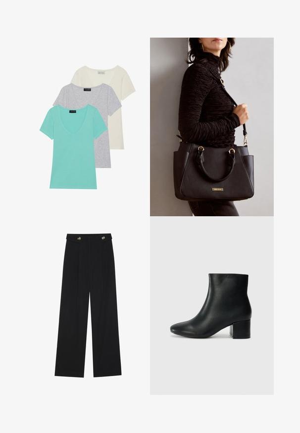 Set aus drei kurzärmeligen T-Shirts mit V-Ausschnitt. Die Farben umfassen Türkis, Grau und Off-White. Hergestellt aus einem weichen Baumwollmischgewebe.; Schwarze weite Hosen mit hoher Taille, Knopfdetails am Bund und vorderen Falten.; Schwarze Leder-Ankle-Boots mit spitzem Zehenbereich und klobigem Absatz. Glatte Textur mit minimalen Akzenten und einem eleganten, taillierten Design.; Schwarze Handtasche mit strukturierten Oberflächen, doppelten Obergriffen und verstellbarem Schultergurt. Mit goldfarbener Hardware und Seitentaschen.
