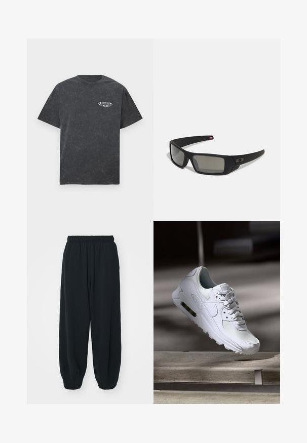 Anglies pilkos spalvos trumpomis rankovėmis marškinėliai su mažu baltu "Nike SB" logotipu ir grafika kairėje krūtinės pusėje.; Juodi, su elastiniu juosmeniu sportiniai kelnės su laisvu siluetu, suapvalintais kulkšnimis, lygia tekstūra ir be matomų raštų ar metalinių akcentų.; Baltos Nike Air Max 90 sportbačiai su.comi ir odos viršumi, perforuota pirštų dėžute ir matomu oro pagalvėle kulne.; Juodi akiniai saulės su matinio paviršiaus užbaigimu, stačiakampiai lęšiai, švelnus lenkimas ant šventyklų, subtilus logotipo detalizavimas ir dūminiai lęšiai.