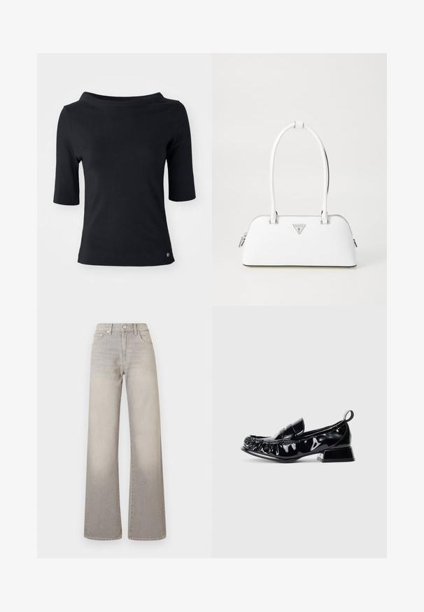 T-shirt nera a maniche corte realizzata in morbido cotone, con un ampio scollo e un piccolo dettaglio con logo in fondo. Texture liscia, vestibilità regolare.; Jeans grigi larghi con finitura sbiadita, chiusura con bottone, design a cinque tasche e cuciture decorative lungo le cuciture.; Mocassino in pelle verniciata nera con punta quadrata, dettagli arricciati, tacco a blocco basso e linguetta sul retro, su sfondo bianco.; Borsa a mano bianca in pelle con forma curvola, dotata di un logo triangolare argentato e chiusura con zip. Texture liscia e manici doppi.