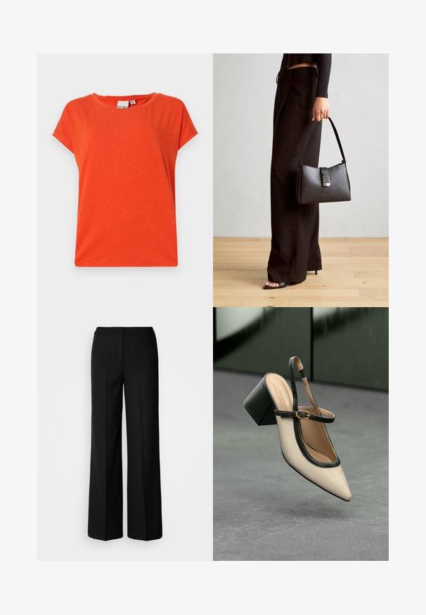 Short-sleeved, round-neck orange T-shirt made of soft, textured fabric with a slightly loose fit. Minimal design, no patterns or accents.; Black wide-leg trousers with a smooth fabric, featuring a high waist, tailored seams, and a minimalist design. No visible hardware or pockets.; Beige pointed-toe slingback shoe with black trim, gold buckle, and a chunky block heel on gray floor with dark green background.; Black handbag with structured shape, smooth texture, and a metallic clasp. Paired with wide black pants and open-toe sandals on wooden floor.