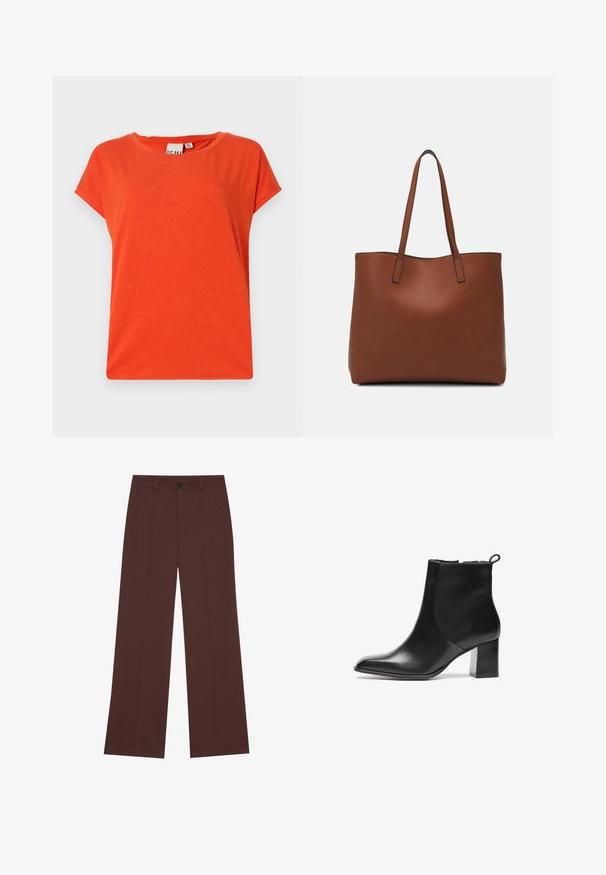 Lyhythihainen, pyöreäkaulainen oranssi T-paita, joka on valmistettu pehmeästä, tekstuurista kankaasta ja jossa on hieman löysä istuvuus. Minimalistinen muotoilu, ilman kuvioita tai koristeita.; Housut, joissa on leveät lahkeet, valmistettu rikkaasta ruskeasta kankaasta. Ominaisuuksiin kuuluu nappisulku, kaksi etutaskua, sileä pinta ja siistit linjat.; Musta nahkainen nilkkuri, jossa on pyöreä kärki, keskikorkea paksu korko ja vetoketju takana. Sujuva pinta, minimalistinen muotoilu.; Ruskea nahkainen olkalaukku, jossa on sileä pinta, avoin yläosa ja kaksi olkahihnaa. Omaavat vain minimaalisen ompelun eikä näkyvää metalliosaa.
