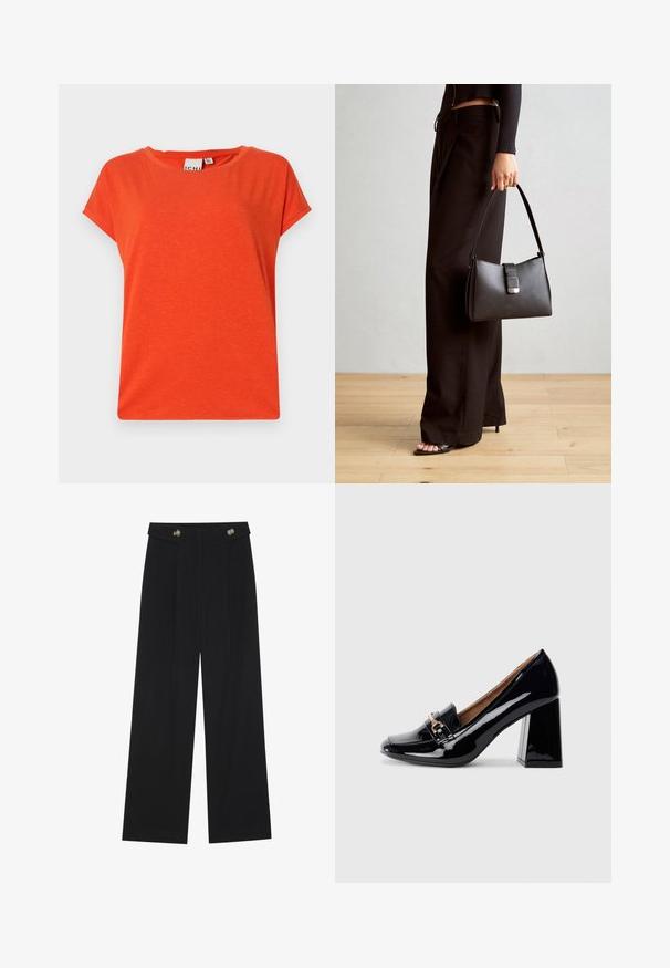 Short-sleeved, round-neck orange T-shirt made of soft, textured fabric with a slightly loose fit. Minimal design, no patterns or accents.; Black wide-leg trousers with high waist, button details on waistband, and front pleats.; Black patent leather high-heeled shoe with a pointed toe and block heel. Features a decorative strap and buckle detail on the vamp.; Black handbag with structured shape, smooth texture, and a metallic clasp. Paired with wide black pants and open-toe sandals on wooden floor.