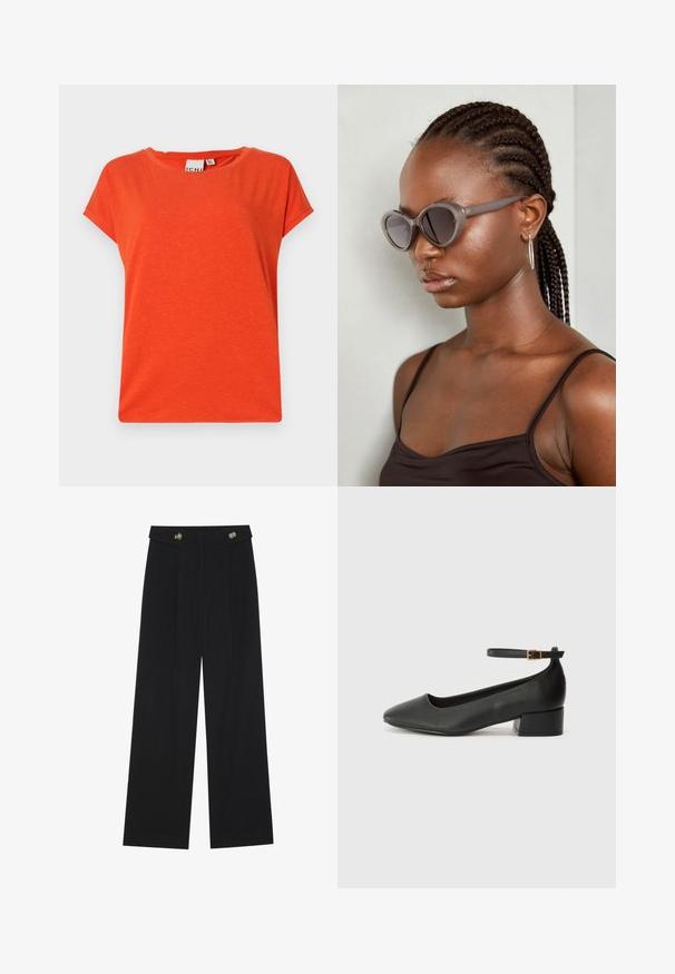 Īsām piedurknēm, apaļo kakla oranža T-kreklu, izgatavots no mīksta, strukturēta auduma ar nedaudz brīvu piegriezumu. Minimālistisks dizains, bez rakstiem vai akcentiem.; Melnas platās bikses ar augstu jostasvietu, pogu detaļām uz jostas un priekšējām krokām.; Melnas ādas sūkņi ar smailu purngalu un zemu bloku papēdi. Iezīmēts ar potītes siksniņu ar zelta krāsas sprādzi. Gluda tekstūra.; Pelēkas pārāk lielas saulesbrilles ar noapaļotu formu un tumšiem stikliem. Gluda plastmasas rāmis ar gludu apdari. Modeli ir pītās matu pēc.