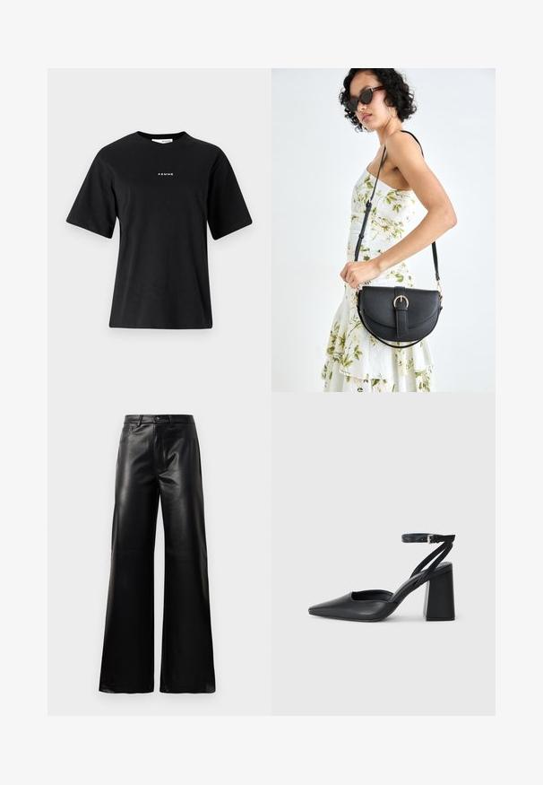Fekete pamut póló rövid ujjakkal, kerek nyakkivágással, az elején fehér "FEMME" felirattal. Egyszerű, dobozos kialakítás.; Fekete, magas derekú, széles lábú, műbőr nadrág elülső gombbal, cipzárral, övbújtatókkal és oldalsó zsebekkel, fehér háttérrel.; Fekete bőr, hegyes orrú magassarkú cipő boka pánttal és vastag sarokkal. Sima textúra, elegáns dizájn és minimális esztétika.; Fekete bőrtáska ívelt formával, levehető pánttal és arany színű fémrészekkel. A táskán egy csattal díszített fedél található.