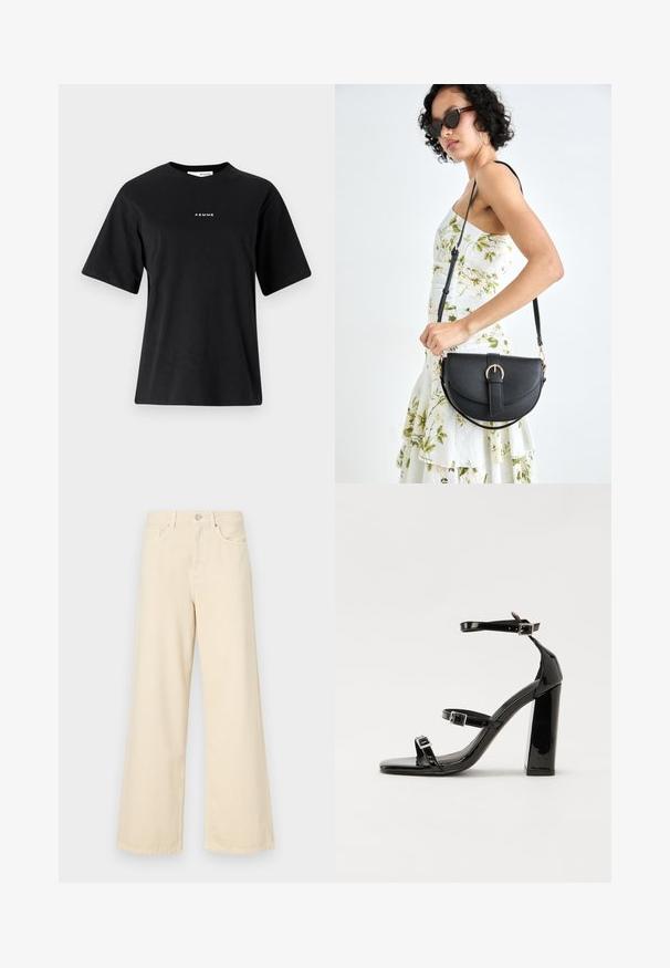 T-shirt de algodão preta com mangas curtas, decote redondo e texto branco "FEMME" impresso na frente. Design simples e quadrado.; Jeans de perna larga bege feitos de algodão. Apresentam um fecho de botão, passadores para cinto e bolsos frontais com uma textura lisa e suave.; Sandálias de tacão preto laqueadas com bico quadrado, tiras para o tornozelo e fivelas prateadas. Apresentam um salto bloco chunky para estabilidade.; Bolsa de couro preta com forma curva, alça destacável e detalhes em dourado. A bolsa possui uma aba com detalhe de fivela.