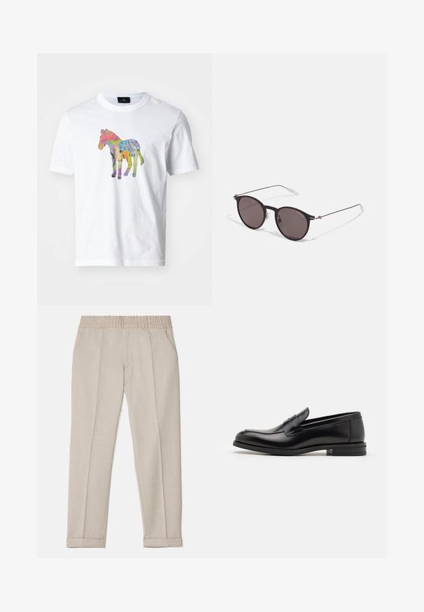 PS Paul Smith - T-shirt z nadrukiem; Filippa K TERRY  szary; Czarne skórzane mokasyny o gładkiej fakturze, zaokrąglonym nosku i dekoracyjnym pasku na przodzie. Niski, warstwowy obcas, minimalistyczny design.; Czarne okrągłe okulary przeciwsłoneczne z ciemnymi soczewkami i smukłymi metalowymi ramkami. Zawierają przezroczyste końcówki zauszników oraz srebrne akcenty przy zawiasie. Minimalistyczny design.