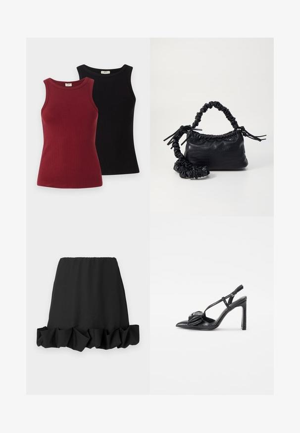 Two ribbed tank tops: one in maroon and one in black. Both feature a fitted design with a round neckline and a smooth texture.; Black skirt with a ruffled hemline, made of lightweight fabric. Features an elastic waistband for a comfortable fit. Simple and versatile design.; Black high-heeled shoe with a pointed toe, glossy texture, thin straps, and a decorative pleated detail on the front.; Black faux leather handbag with a crocodile texture, cinched top, and a scrunched strap. Appears soft and compact in design.