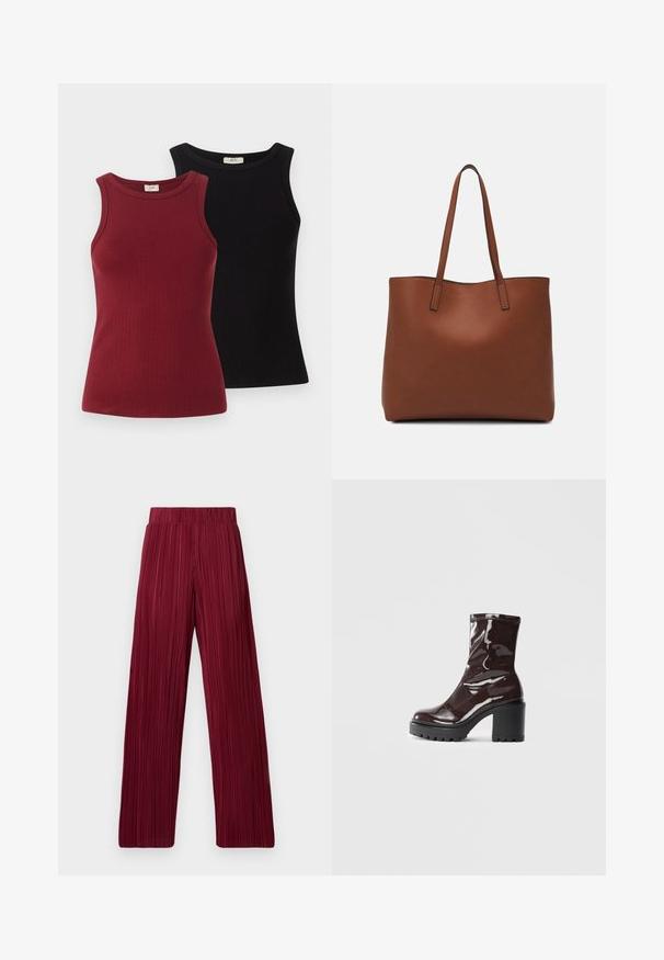 Du du riboti marškiniai: vieni bordo spalvos, kiti juodos. Abu pasižymi prigludusia išvaizda, apvaliu iškirpimu ir lygiu paviršiumi.; Bordo klostyti plačios kojos ilginti kelnių su elastinga juosta. Tekstūruotas audinys su vertikaliomis juostomis. Tiesus kirpimas iki apvado.; Blizgus burgundių spalvos kulknapis su tankiu juodu kulnu, pasižymintis lygiu paviršiumi ir paprastu dizainu. Nėra matomų užsegimų ar raštų.; Ruda odinė priekabų krepšys su glotnia tekstūra, atviru viršumi ir dviem petnešomis. Su minimalia siuvimo detalėmis ir nematoma aparatūra.