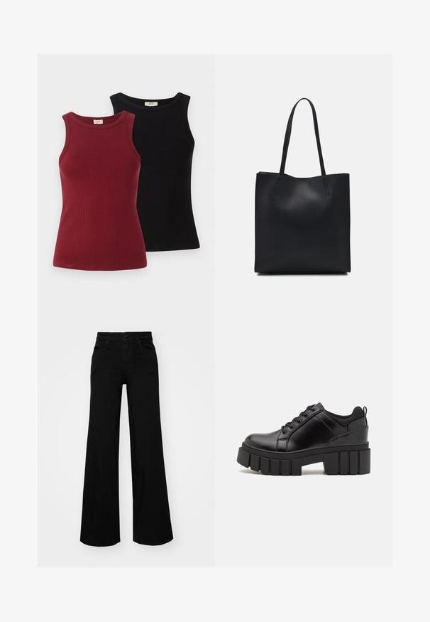 Két bordázott ujjatlan póló: az egyik bordó, a másik fekete. Mindkettő testhez simuló fazonú, kerek nyakkivágással és sima textúrával rendelkezik.; Fekete, bő szárú farmernadrág, amelynek állítható derékrésze van, övhurkokkal és elülső zsebekkel. Simaság jellemzi, klasszikus dizájnnal.; Fekete bőr platform cipők vaskos blokk sarkakkal, kerek orral és hagyományos fűzős kialakítással. Simára csiszolt felület és minimális részletezés jellemzi.; Fekete bőrtáska sima felszínnel, téglalap alakú, két hosszú füllel. Nincs látható fémkiegészítő vagy díszítés.