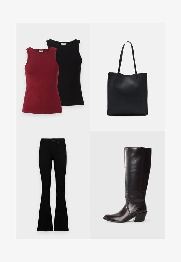 Két bordázott ujjatlan póló: az egyik bordó, a másik fekete. Mindkettő testhez simuló fazonú, kerek nyakkivágással és sima textúrával rendelkezik.; Fekete, magas derekú farmernadrág gomb- és cipzárzárral, elülső zsebekkel és harangszárral, laposan egy fehér háttérre terítve.; Térdig érő, sötétbarna bőr csizma hegyes orral, szögletes sarokkal és sima, fényes felülettel. Tiszta dizájn és varrás részletek jellemzik.; Fekete bőrtáska sima felszínnel, téglalap alakú, két hosszú füllel. Nincs látható fémkiegészítő vagy díszítés.