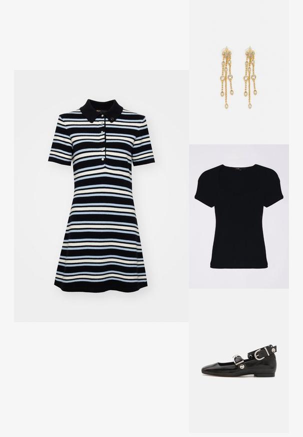 Svart ribbet topp med korte pufferm og firkantet hals, med tettsittende design og subtile teksturerte detaljer.; Kortermet polo kjole med tettsittende overdel og flagrende skjørt, i marineblå, lyseblå og hvite horisontale striper, samt tre knapper.; Sorte lakkderflat sko med firkantet tå, ankelstropp med sølvfarge detaljer, og flat såle. Glatt tekstur med minimalistisk design.; Maje MISS MINI - Skulderveske - noir; Gullfargede øreringer med flere hengende kjeder, med klare ovale rhinestein aksenter og dekorative stud-topper.