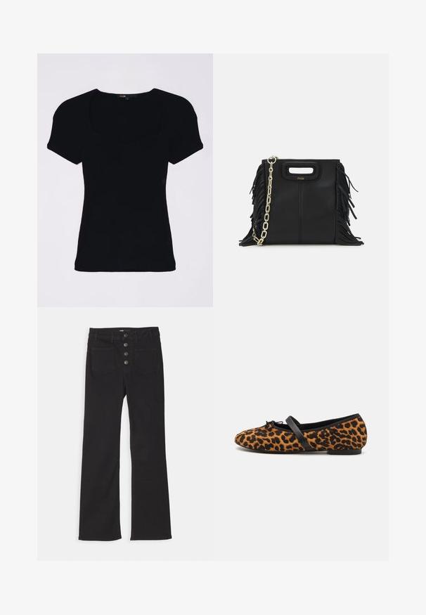 Melnā ribota blūze ar īsām pufošām piedurknēm un kvadrātveida kakla izgriezumu, kas izceļas ar cieši pieguļošu dizainu un smalku tekstūras akcentu.; Melnas denim bikses ar platām kājām, augsto jostasvietu, piecu kabatu dizainu un priekšējo pogu aizdari, kas sastāv no četrām metāla pogām.; Leoparda raksta baleta kurpes ar melniem akcentiem, ar noapaļu purngalu, līdzenu zoli un dekoratīvu loku priekšā. Mīksta tekstūra.; Melna ādas rokassoma ar frizūras detaļām, zelta ķēdes plecu siksnu un izgrieztu rokturi. Ir logotipa novietojums priekšpusē.