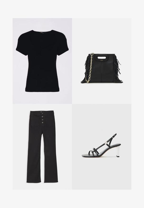 Sort ribbet top med korte puffærmer og firkantet udskæring, med en tætsiddende pasform og diskret tekstureret detaljering.; Sorte denim flare jeans med høj talje, fem-pockets design og lukning fortil med fire metalknapper.; Sorte hælede sandaler med flere smalle remme, et slingback-design og en sølvaccent på hælen. Glat overflademateriale og firkantet hæl.; Sort læder skuldertaske med frynse-detaljer, guldkæde skulderrem og udskåret håndtag. Har logo placeret på forsiden.