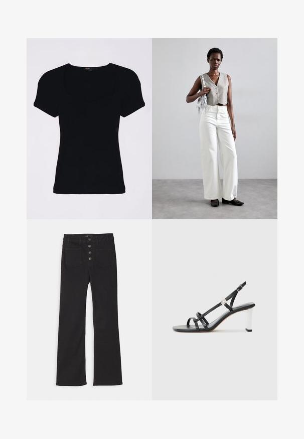 Sort ribbet top med korte puffærmer og firkantet udskæring, med en tætsiddende pasform og diskret tekstureret detaljering.; Sorte denim flare jeans med høj talje, fem-pockets design og lukning fortil med fire metalknapper.; Sorte hælede sandaler med flere smalle remme, et slingback-design og en sølvaccent på hælen. Glat overflademateriale og firkantet hæl.; Grå cropped vest med knapper, parret med hvide wide-leg jeans og sorte flade sko. Accepteret med en lille sølv frynse taske.
