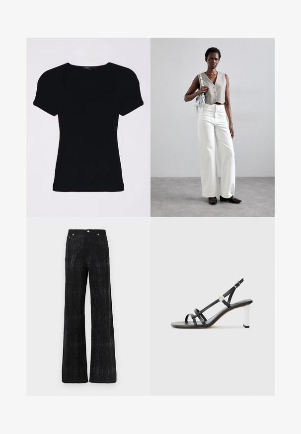 Czarny prążkowany top z krótkimi bufkami i kwadratowym dekoltem, charakteryzujący się dopasowanym krojem i delikatnymi fakturowanymi detalami.; Czarne spodnie szerokie o teksturowanej powierzchni, z błyszczącym wzorem. Wykończone standardowym pasem i metalowymi guzikami jako akcentami.; Czarne sandały na obcasie z wieloma wąskimi paskami, z elastycznym zapięciem na pięcie i srebrnym akcentem na obcasie. Gładki materiał wierzchni i kwadratowy obcas.; Szary krótki kamizelka z guzikami, zestawiona z białymi szerokimi spodniami dżinsowymi i czarnymi płaskimi butami. Uzupełniona o małą srebrną torebkę z frędzlami.