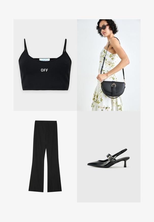 Melnā īsā tops ar tievām siksnām, izgatavots no gludas auduma. Priekšpusē ir balts "OFF" logo, ar minimālisma dizainu un bez papildu akcentiem.; Melni platie bikses ar tekstūru, ar elastīgu jostu un brīvu piegriezumu, kas izstrādātas komfortam un vieglai kustībai.; Melnas lakotas ādas sūkņa kurpes ar norādītu purngali un mazu bloku papēdi, ar sudraba sprādzi akcentā uz jostas.; Melnas ādas rokassoma ar izliekta formu, noņemamu siksnu un zelta aksesuāriem. Somai ir vāciņš ar sprādzes detaļu.