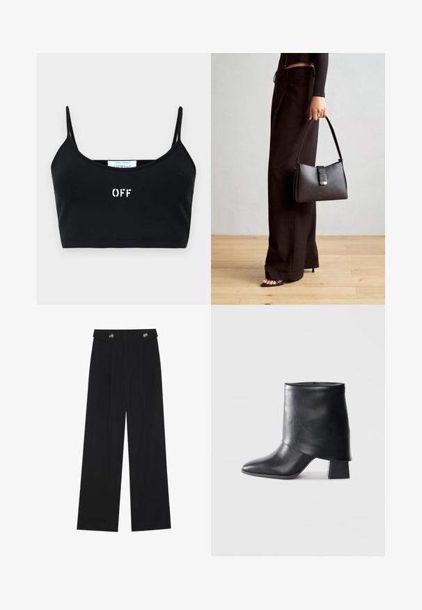 Zwarte crop top met dunne bandjes, gemaakt van gladde stof. Bevat een wit "OFF" logo op de voorkant, met een minimalistisch ontwerp en zonder extra accenten.; Zwarte wijde broek met hoge taille, knoopdetails op de tailleband en plooien aan de voorkant.; Zwarte leren enkellaars met een spitse neus, een zachte textuur en een gestructureerde blokhak. Kenmerkt zich door een hoge, gevouwen kraag.; Zwarte handtas met gestructureerde vorm, gladde textuur en een metalen sluiting. Gecombineerd met brede zwarte broeken en sandalen met open teen op een houten vloer.
