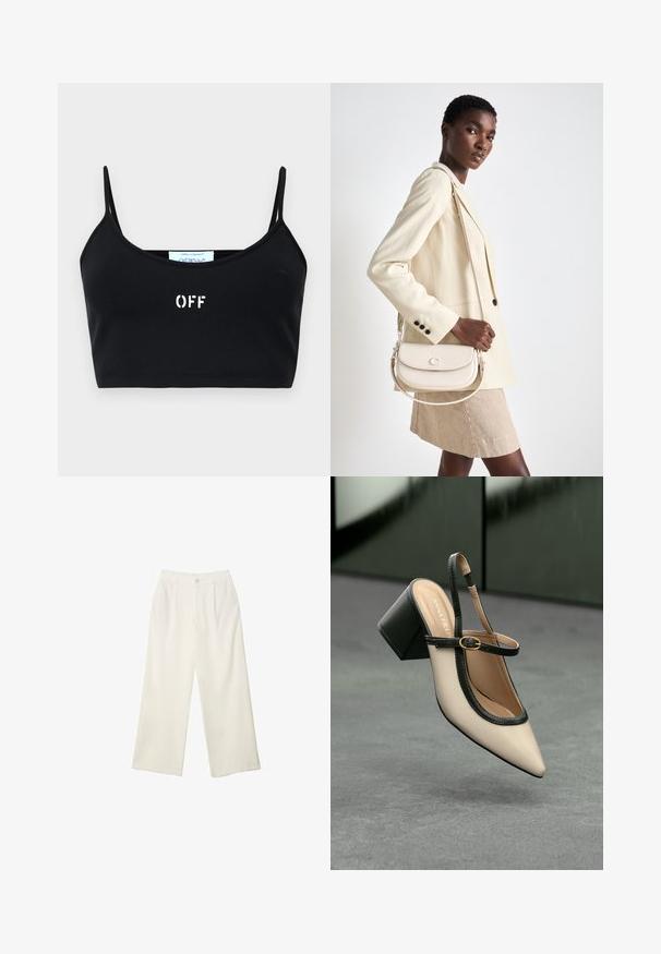 Czarny cropped top z cienkimi ramiączkami, wykonany z gładkiego materiału. Na przodzie znajduje się biały napis "OFF" w minimalistycznym stylu, bez dodatkowych akcentów.; Spodnie z szerokimi nogawkami w kremowej tkaninie o gładkiej fakturze, z pojedynczym guzikiem z przodu, subtelnymi plisami i wysokim stanem.; Beżowe buty typu slingback z ostrym noskiem, czarnym wykończeniem, złotą klamrą i grubym obcasem na szarym podłożu z ciemnozielonym tłem.; COACH EMMY mleczny