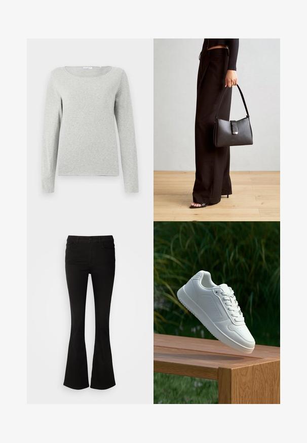 Lichtgrijze longsleeve shirt van zacht stof, met een ronde halslijn en een ontspannen pasvorm, met een gladde textuur en zonder zichtbare patronen.; Zwarte flarebroek van rekbare stof, met een tailleband met riemlussen en voorzakken, een zachte textuur en een getailleerde pasvorm tot de knie.; Witte sneaker met een gladde synthetische bovenkant, geperforeerde neus, platte veters en een gestructureerde zool, tentoongesteld op een houten oppervlak.; Zwarte handtas met gestructureerde vorm, gladde textuur en een metalen sluiting. Gecombineerd met brede zwarte broeken en sandalen met open teen op een houten vloer.