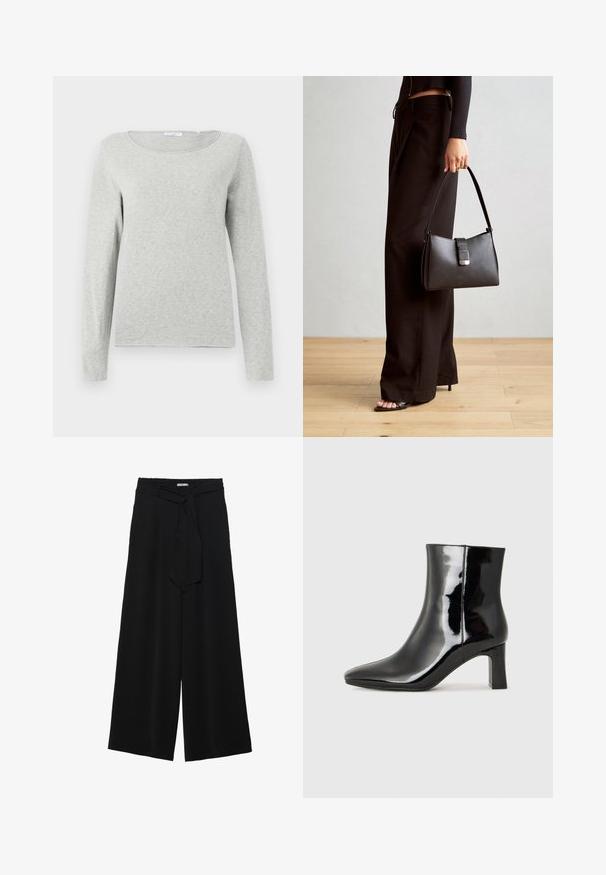 Cămașă gri deschis cu mânecă lungă, realizată dintr-un material moale, având un decolteu rotund și o croială lejeră, cu o textură netedă și fără modele vizibile.; Pantaloni largi negri dintr-un material texturat, cu un tiv elastic și o panglică detașabilă la talie pentru un fit ajustabil.; Botine negre din piele lacuită, cu vârful ascuțit și toc bloc de înălțime medie. Textură netedă și design minimalist.; Genți negre cu o formă structurată, textură netedă și un închizător metalic. Asortată cu pantaloni negri largi și sandale cu vârf deschis pe un podea din lemn.