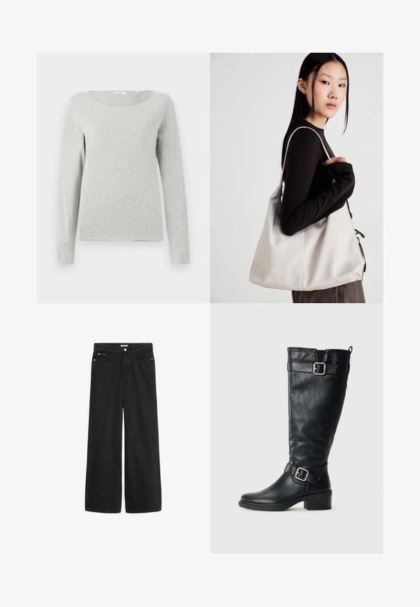 Camisa de manga longa cinza claro, feita de um tecido suave, com decote redondo e um corte descontraído, apresentando uma textura lisa e sem padrões visíveis.; Jeans de denim preto de perna larga com cintura alta. Apresenta cinco bolsos, ferragens metálicas e um acabamento limpo. A textura é suave e macia.; Bota alta de couro preto com salto baixo, fivelas decorativas perto do tornozelo e na parte superior, e uma alça na parte de trás.; Uma bolsa bege feita de material macio, com um design descontraído, detalhes de costura e duas alças para o ombro. Adequada para uso diário.