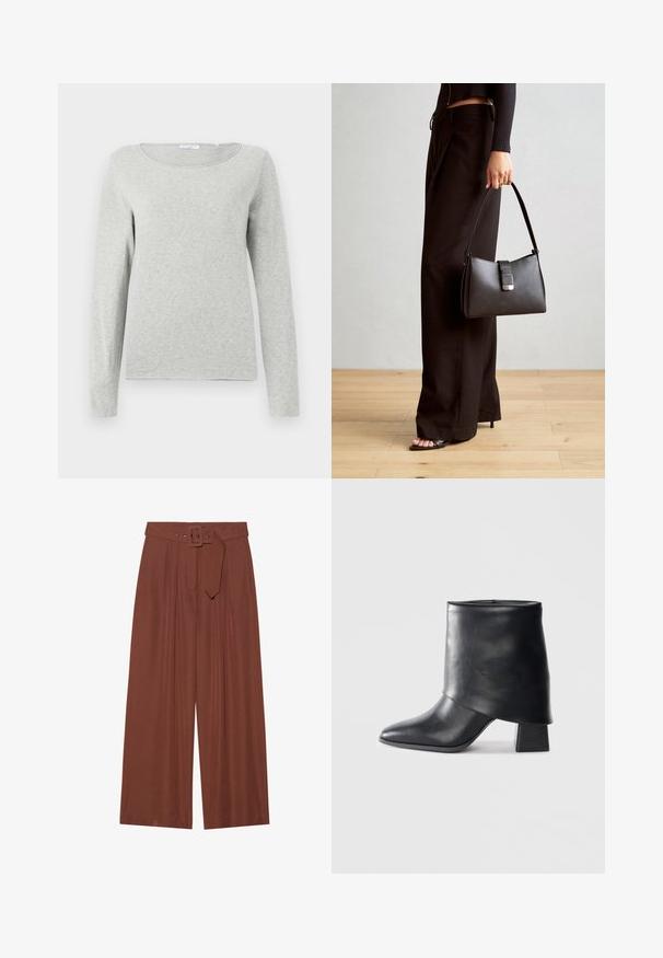 Light grey long-sleeve shirt made of soft fabric, featuring a round neckline and a relaxed fit, with a smooth texture and no visible patterns.; Wide-leg trousers in brown fabric, featuring a belt with a square buckle, pleated design, and smooth texture.; Black leather ankle boot with a pointed toe, smooth texture, and a structured block heel. Features a high, folded cuff design.; Black handbag with structured shape, smooth texture, and a metallic clasp. Paired with wide black pants and open-toe sandals on wooden floor.