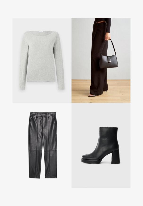 Svijetlosiva majica dugih rukava od mekog materijala, s okruglim izrezom i opuštenim krojem, glatke teksture bez vidljivih uzoraka.; Crne kožne hlače s glatkom teksturom, ravnog kroja, s dva prednja džepa i vidljivim šavovima.; Crna kožna čizma do gležnja s blok petom i platformom, prikazana s bočne strane na jednostavnoj bijeloj pozadini.; Crna torba s oblikom koji sadrži strukturu, glađu teksturu i metalnu kopču. Uparena s širokim crnim hlačama i sandalama na otvorenom s drvenog poda.